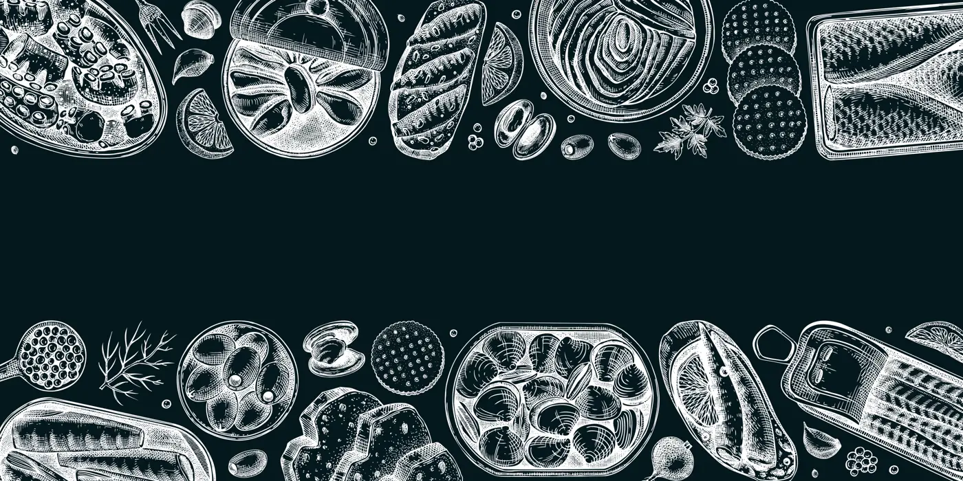 Canned fish and seafood background. Hand drawn sardines, anchovy, mackerel, tuna, mussels in tin cans, fish canapes, olives, crackers and lemons sketches on chalkboard. Table view banner design Illustration